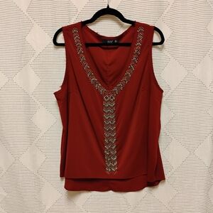 A N.A Deep Red Embellished Tank Top Frayed Hem Beading Women's Size XL